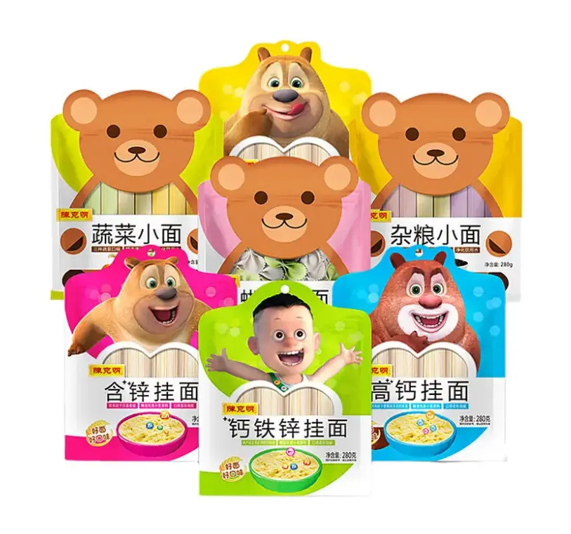 Custom Special Shape Bag Cute Cartoon Design For Noodle Bag Baby Food Heat Seal 3 Side Seal Pouch With Zipper