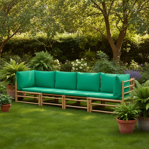 Set Lounge da Giardino in Bambù con Cuscini Verdi, 4 Posti, Arredamento da Esterno Design Rustico - Product Image 2