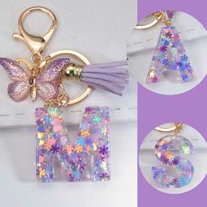 Nouveau porte-clés en résine avec pendentif papillon, lettres alphabet, paillettes de cristal AB et pompon pour femmes et filles - Product Image 2