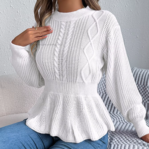 Fall/Winter Solid Color Twisted Waistline Ruffled Long-Sleeve <b>Pullover</b> <b>Sweater</b> Fashion - Product Image 4