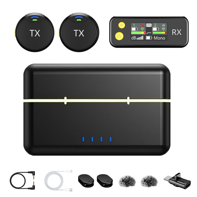 2 in 1 Wireless Lavalier Microphone AI Noise Reduction HiFi Audio 300m Range Long Battery Life Clip Mini Mic for YouTube TikTok