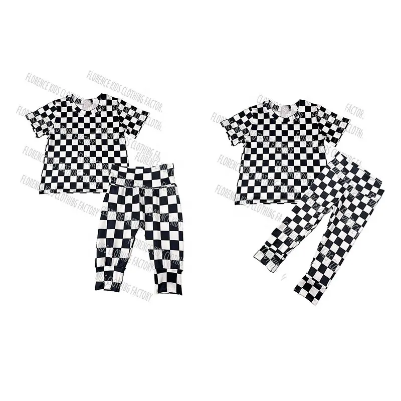 DH ODM wholesale summer plaid print kids t shirt leggings joggers outfit toddler boys clothing sets