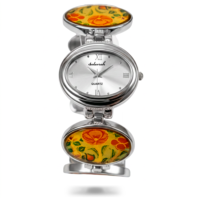 Montre pour femme vintage à motif floral peinte à la main, bracelet en argent, quartz, style émail, cadran ovale, montres bracelet pour femmes
