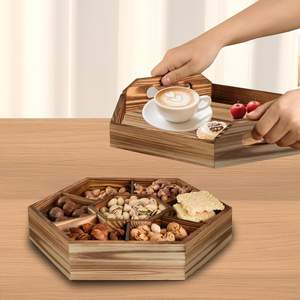 מגש חטיפים טבעי איכותי עם מכסה, מגש הגשה דקורטיבי מעץ עם 7 תאים מחולקים לפירות יבשים, מגש עץ - Product Image 3