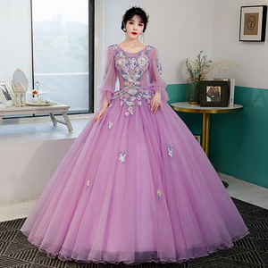 Purple Puff Sleeve Tutu Dress Long Skirt Stage Performance Women Adult Vocal Exam Host Annual Meeting Dress - Product Image 3