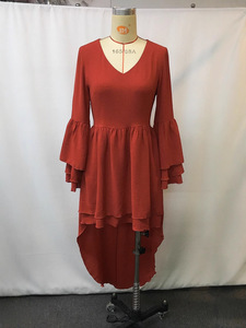 เดรสผู้หญิงสีสนิมแบบไฮโลว์ - แขนเสื้อเป็นชั้น คอวี ทรงพลิ้วไหว ความยาวปานกลาง แฟชั่นชุดเดรสผู้หญิง - Product Image 3