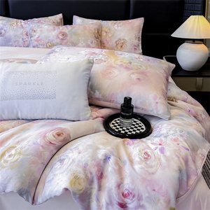 Parure de lit de luxe 4 pièces en coton 100 % certifié OEKO-TEX, motif floral, 300 fils, satiné, infroissable, entretien facile - Product Image 2