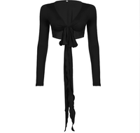 Crop top cardigan sexy moulant à manches longues et col en V, couleur unie, bordure en dentelle à volants, côtelé, en spandex, anti-boulochage, respirant, style Y2K
