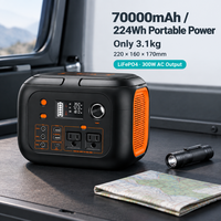 Station d'alimentation portable LiFePO4 224Wh 300W, alimentation 70000mAh AC DC USB-C, charge sans fil 10W, LED pour usage extérieur et de secours