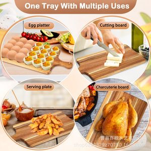 Acacia Wood Egg <b>Tray</b> With Handle Double Sided Cutting Board Serving Platter For Kitchen Use - Product Image 1
