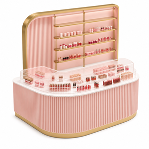 Mostrador de Exhibición de Cosméticos Curvo Rosa con Estantes Traseros en Forma de Arco Dorado y Cajas Acrílicas para Tienda de Belleza Personalizado - Product Image 4