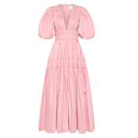 Robe en lin coton personnalisée d'usine de vêtements OEM Robes coréennes maxi à manches bouffantes élégantes à la taille et à col en V Robe d'été ample au bord de la mer