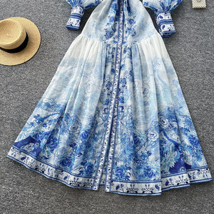 Abito Casual Elegante con Stampa Floreale <span class=keywords><strong>Vintage</strong></span>, Vestito Primaverile da Donna a Maniche Lunghe con Vita Stretta e Linea ad A - Product Image 3