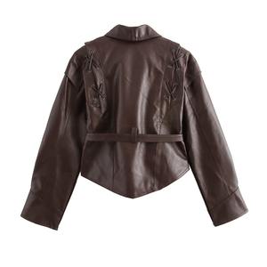 Chaqueta corta de cuero PU con estilo para mujer, Moda de Primavera, estilo callejero, chal, cuello, botón a prueba de viento, <span class=keywords><strong>faja</strong></span>, chaqueta de cuero para mujer - Product Image 2