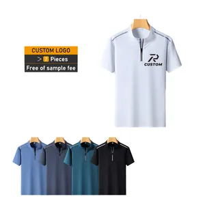 Kaus Polo Golf pria poliamida campuran spandeks Logo kustom cepat kering kaus Golf pas lengan pendek 1/4 ritsleting