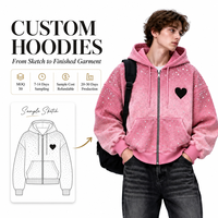 Fabricants de vêtements streetwear personnalisés – Sweat à capuche unisexe en coton épais, zippé, imprimé sur toute la surface, orné de strass, coupe oversize et courte