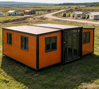 Maison conteneur portable extensible à 2 ailes, finition bois grainé orange, pour camp de travail préfabriqué, hébergement et bureau de chantier, assemblage rapide