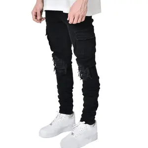 Populer baru 100% katun berlubang produsen Jeans sepeda Tiongkok Hip Hop pria Slim Fit barel lurus