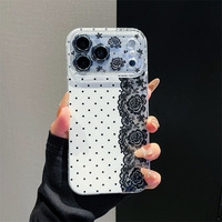 Coque de téléphone de luxe à pois noirs et blancs avec dentelle florale et grande fenêtre, ornée de strass, pour iPhone 17, 18 Pro Max, 16, 15