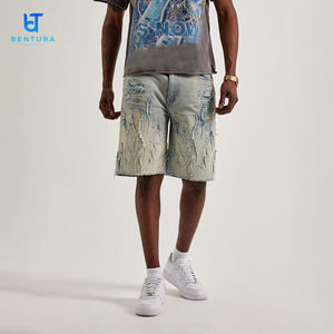 Shorts en <span class=keywords><strong>Jean</strong></span> Baggy pour Homme, Personnalisés par le Fabricant, avec Broderie, Imprimés, Patchwork, Denim Délavé, Effet Vieilli et Ourlet Brut - Product Image 6