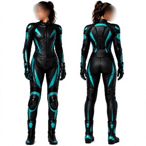 Women Leather Motorcycle Racing Suit Black Teal Color Blocked Full Sleeve One Piece <b>Bodysuit</b> - Product Image 1
