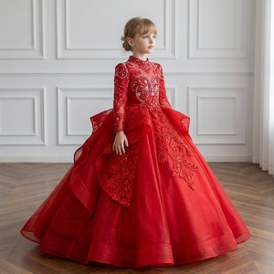 Robe de demoiselle d'honneur de luxe Wn1796, rouge, à fleurs, avec dentelle perlée, col haut, robe de bal de princesse, longueur au sol, 100% polyester, pour mariage ou fête d'enfants - Product Image 1