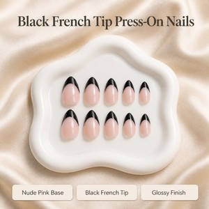 Lot de 10 faux ongles noirs brillants en amande courte, style français, à presser, vente en gros, modèle Y73 - Product Image 5