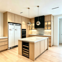Meuble de cuisine modulaire moderne en bois massif, design sans poignée, îlot de cuisine de luxe, casier à vin, évier, tiroir coulissant, robinet