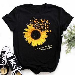 [Talla Europea] Camiseta Informal de Algodón Kawaii para Mujer, Marca <span class=keywords><strong>Maycar</strong></span>, con Estampado de Girasoles y Mariposas, Manga Corta, Cuello Redondo - Product Image 1