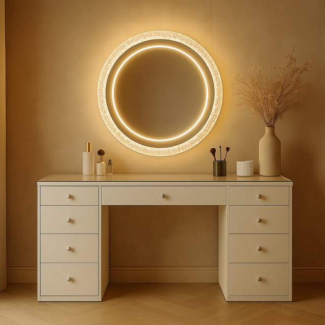 Modern Vintage Vanity Bathroom Dressing Table with Glass Top White LED Mirror and Ceramic Basin Finished in Painting