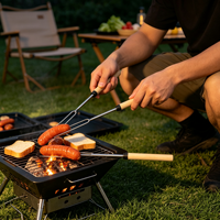 Fourchette de barbecue télescopique portable pour l'extérieur, manche en bois, large, en acier inoxydable, kit d'accessoires pour barbecue, étanche, anti-poussière