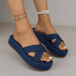 <span class=keywords><strong>Sandali</strong></span> con <span class=keywords><strong>Zeppa</strong></span> da Donna <span class=keywords><strong>in</strong></span> Denim <span class=keywords><strong>Blu</strong></span> con Doppio Cinturino, Ideali per Spiaggia e Uso Quotidiano, Vendita all'Ingrosso - Product Image 1