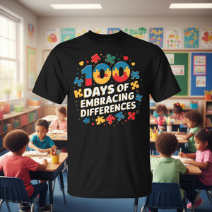 T-shirt 100 Days Of Embracing Differences Autism a maniche corte, girocollo, unisex, per adulti, ritorno a scuola, laurea, serigrafia - Product Image 2