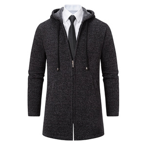 Suéter de <span class=keywords><strong>punto</strong></span> medio a largo para hombre, cárdigan de terciopelo <span class=keywords><strong>grueso</strong></span> de alta calidad para otoño e invierno, chaqueta de <span class=keywords><strong>punto</strong></span> con capucha para hombre - Product Image 4