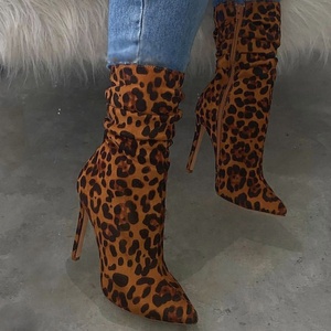 Mixed Color Leopard Pattern Sexy PU Upper High Heel Mid Calf Plus Size 47 Fashion Women <b>Boots</b> Leopard Pointed Toe Side Zip - Product Image 4