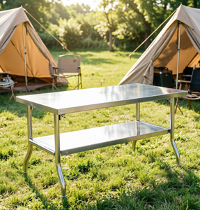 โต๊ะ<span class=keywords><strong>ทำงาน</strong></span>สแตนเลสพับได้สำหรับงานหนัก พร้อมชั้นวางสองชั้น สำหรับเตรียมอาหารในครัวร้านอาหารและงานจัดเลี้ยง - Product Image 1