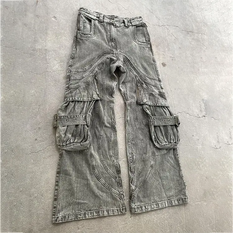 Custom wave patchwork denim pants wholesale boot cut faded vintage fashion washed jeans
