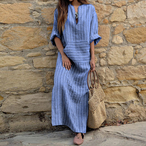 Robe longue en coton et lin pour femmes, grande taille, tendance, avec poches, rayée, coupe ample en forme de H, nouvelle arrivée été-printemps - Product Image 6
