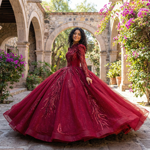 XS236 Muslim High Neck Red Full Sleeve Lace Beading Appliques <b>Crystal</b> <b>Ball</b> Gown Natural Waist Print Evening Party Dresses - Product Image 1