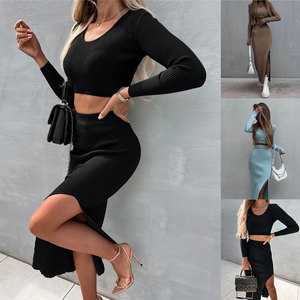 Conjunto <span class=keywords><strong>Elegante</strong></span> de Punto Elástico de Color Sólido para Mujer con Falda Larga y Camiseta de Manga Larga - Product Image 3