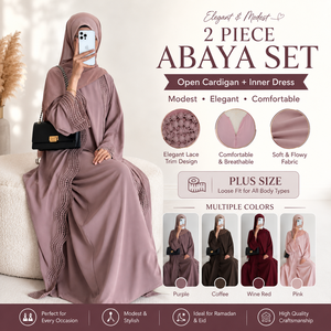 Ensemble Abaya élégant pour femmes musulmanes, grande taille, vêtements modestes, deux pièces, avec dentelle, cardigan <span class=keywords><strong>ouvert</strong></span> sur le devant et robe longue intérieure - Product Image 1