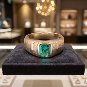 Anillo de Sello Geométrico Chapado en Oro Vintage Unisex AMBER JEWELS con Moissanita Verde de Corte Brillante Engastada en Puntas, Estilo Hip Hop y Cóctel - Product Image 2