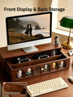Support d'écran vintage en bois de noyer avec fenêtre arquée et tiroir pour figurines de bureau, papeterie et organisateur de bureau