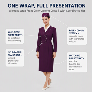 Uniforme da <span class=keywords><strong>Hostess</strong></span> Personalizzata OEM, Abito Avvolgente con Cappello Pillbox, Completo con Cintura per Equipaggio di Volo - Product Image 3