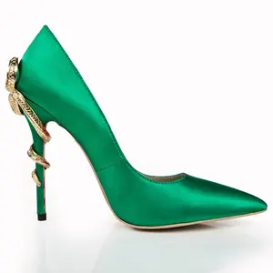 PDEP 2023 женские модные сексуальные зеленые туфли на высоком каблуке для женщин Кобра с острым носком атласные женские туфли на высоком каблуке