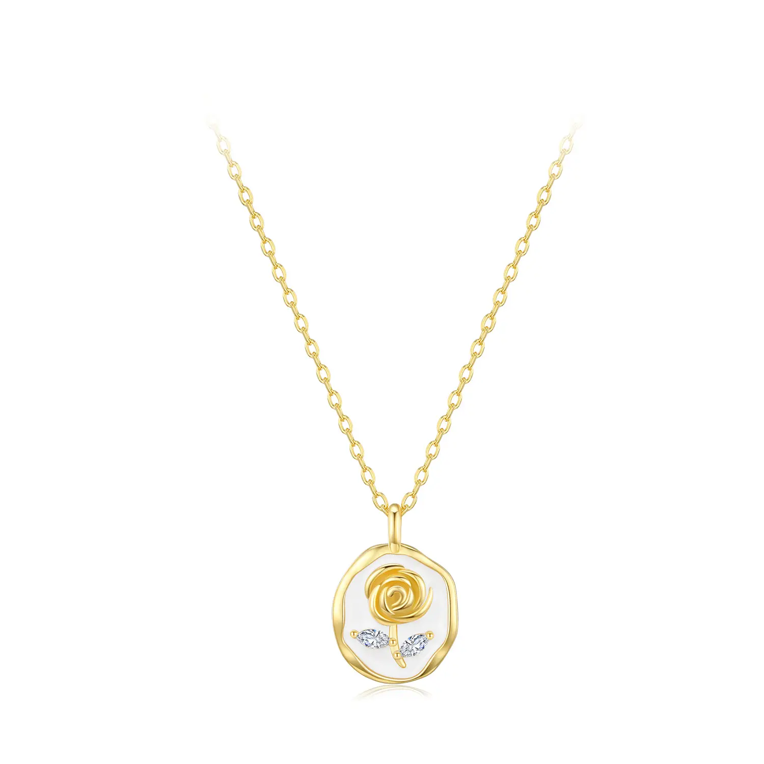 Romantic Valentine's Day gift golden clavicle chain 925 sterling silver gold plated white enamel rose pendant necklace