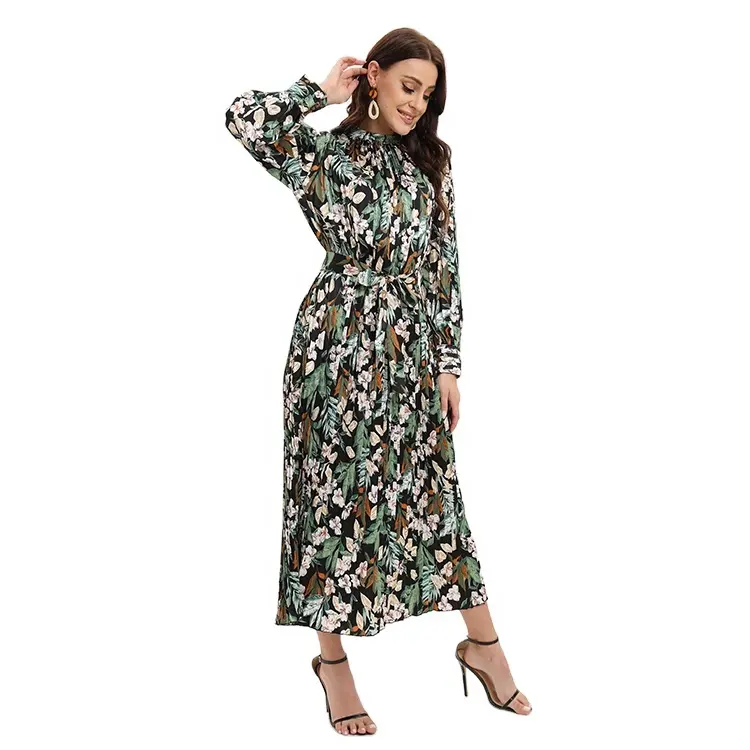 Korean Women's Wholesale Pleated Stand Collar Dress Long Sleeve Chiffon Floral Printed Dresses