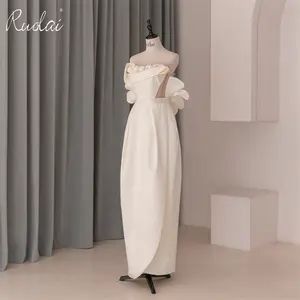 Ruolai QD06169 New Design Elegant Pure Color Half Back Strapless 3D Flowers Satin Wedding Gown 2023