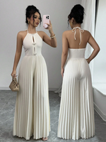 Combinaison Pantalon à Bretelles Halter Style Européen et Américain, Dos Nu Plissé, Décoration Nœud à la Poitrine, Coupe Large Grande Taille pour Occasions Professionnelles