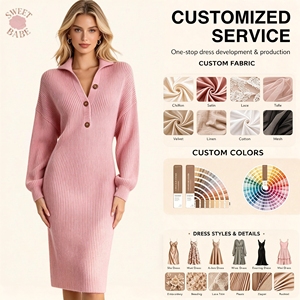 Robe pull midi ample à col rabattu et manches longues boutonnée, couleur unie, pour femme, service personnalisé, vente chaude, pour le quotidien - Product Image 1